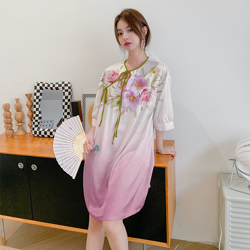 Ceba新中式缎面睡裙夏季冰丝薄款睡衣女气质国风家居服可外穿