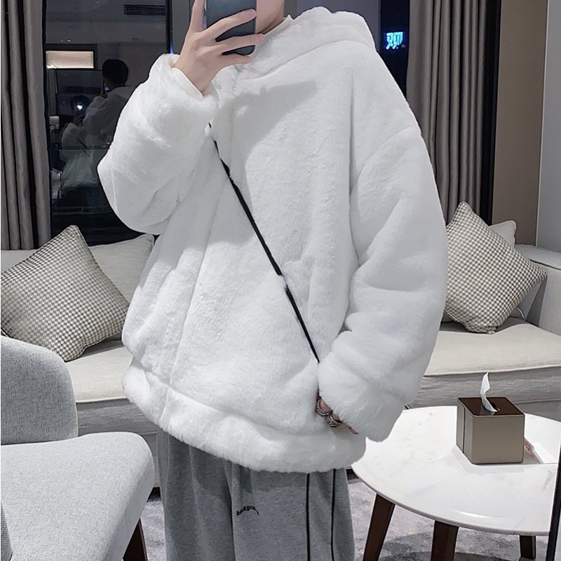 YUANSU仿绒外套皮草法式连帽棉衣潮男羊羔毛情侣小棉袄冬季加厚灰色棉衣