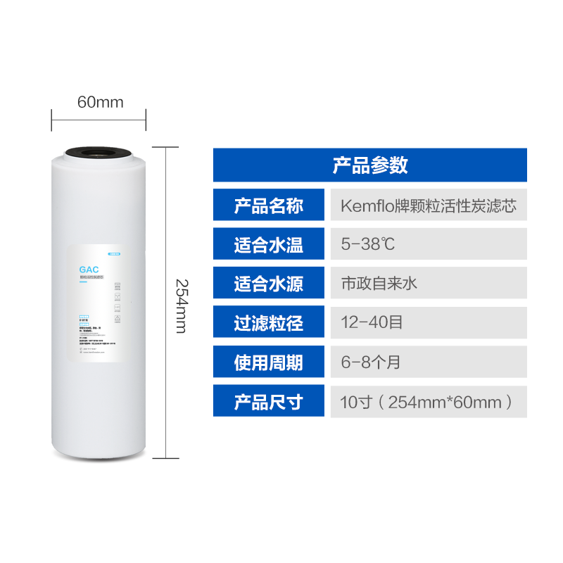 溢泰康富乐KEMFLO净水器通用10寸GAC颗粒活性炭滤芯高清大图