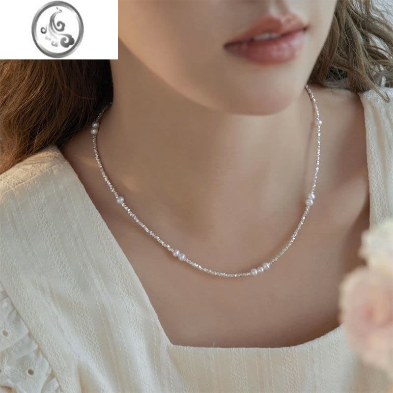 JiMi碎银几两珍珠项链女冷淡风小众设计感高级锁骨链时尚轻奢银银颈链图片
