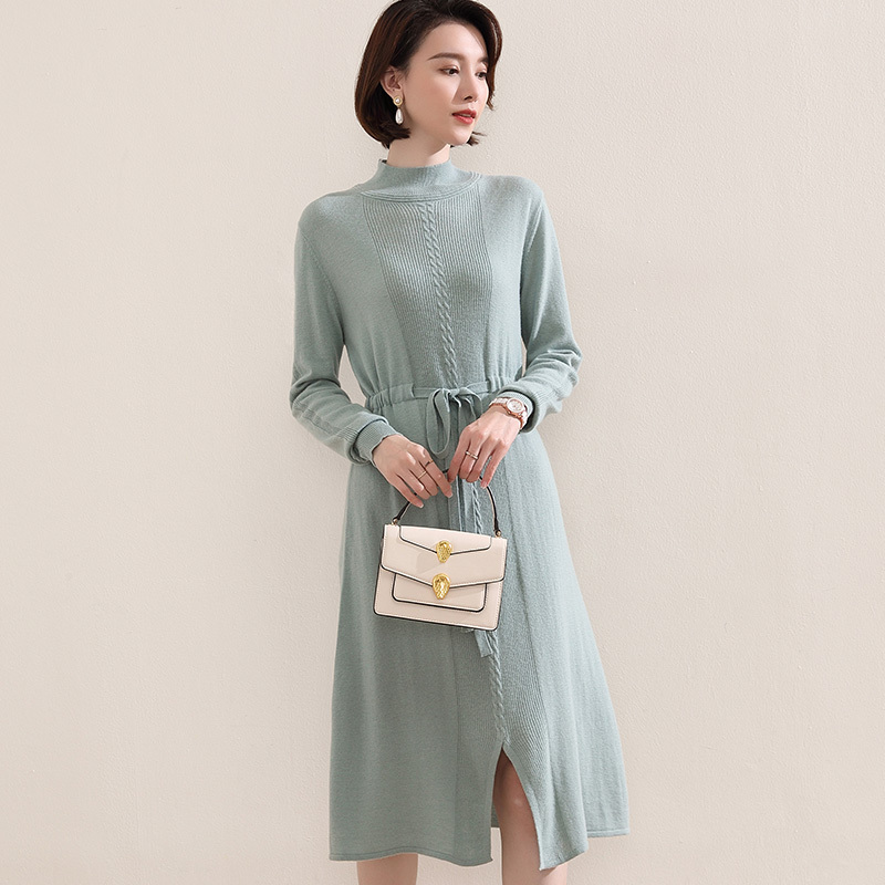 恒源祥100全羊毛衫女厚针织连衣裙勾花系带收腰半高领中长款女士毛衣