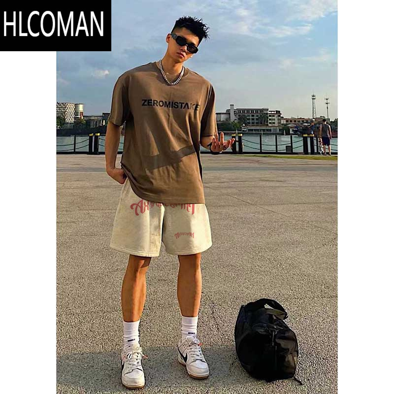 HLCOMAN美式街头宽松篮球运动短裤男款夏季潮牌字母印花抽绳休闲五分裤子