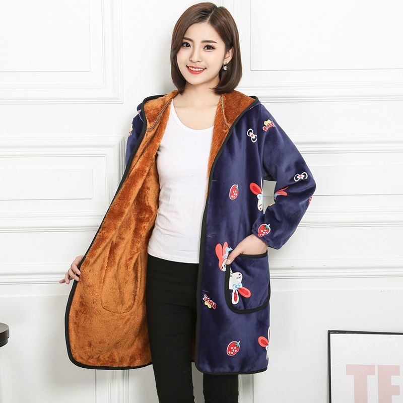 长袖秋冬保暖加绒加厚羽绒服罩衣成人围裙韩版时尚女法兰绒工作服