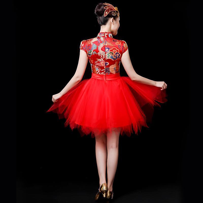 打鼓服装新款女中国风舞蹈服快板舞演出服成人腰鼓套装短裙广场舞红色