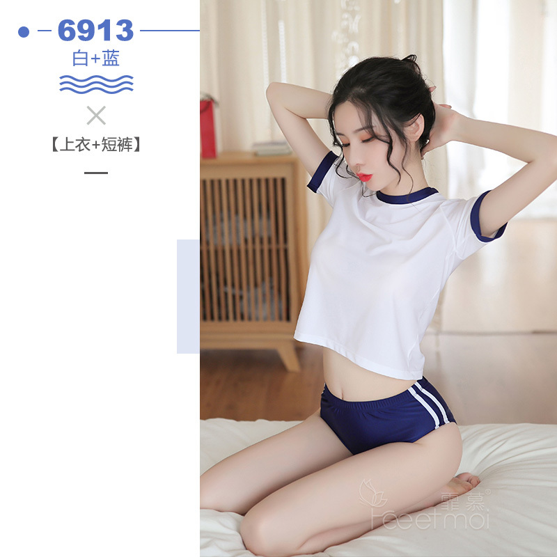 霏慕女式情趣睡衣日系学生体操服校园风体操衣服套装情趣内衣女制服6913 6913白蓝【短袖上衣+短裤】 均码