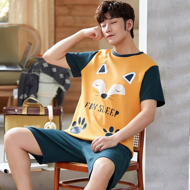 睡衣男夏季棉质短袖可爱卡通学生青少年男童初中生薄款家居服套装衫