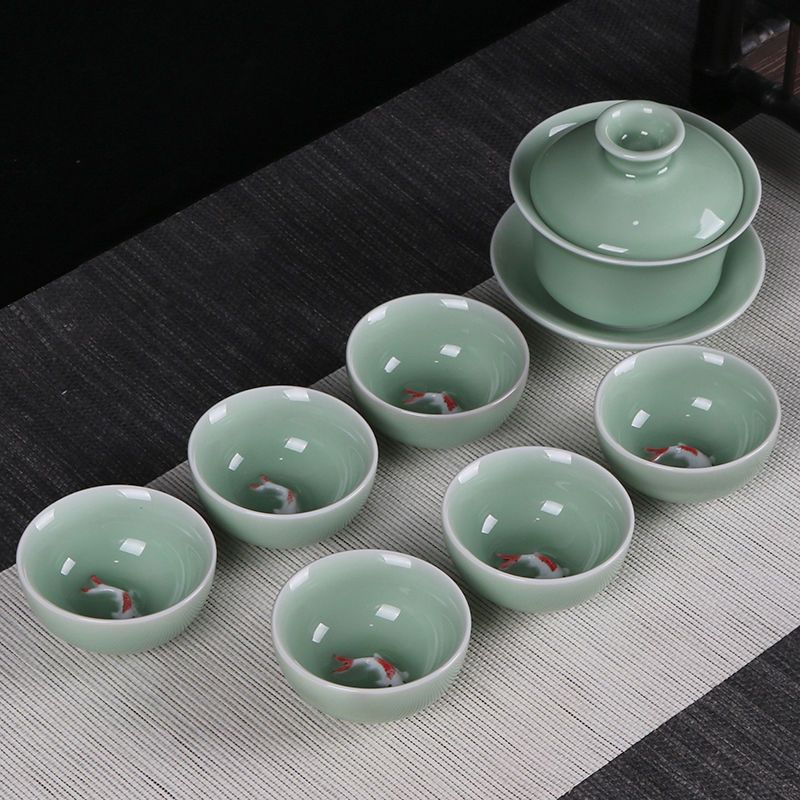 苏宁放心购青瓷茶具套装功夫茶具盖碗茶杯带鱼茶壶泡茶器整套