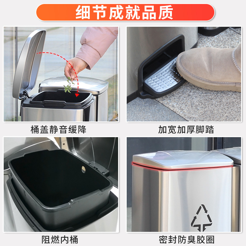 不锈钢分类垃圾桶脚踏式长筒型商用干湿大号家用办公室电梯果皮箱 28L双分类高清大图