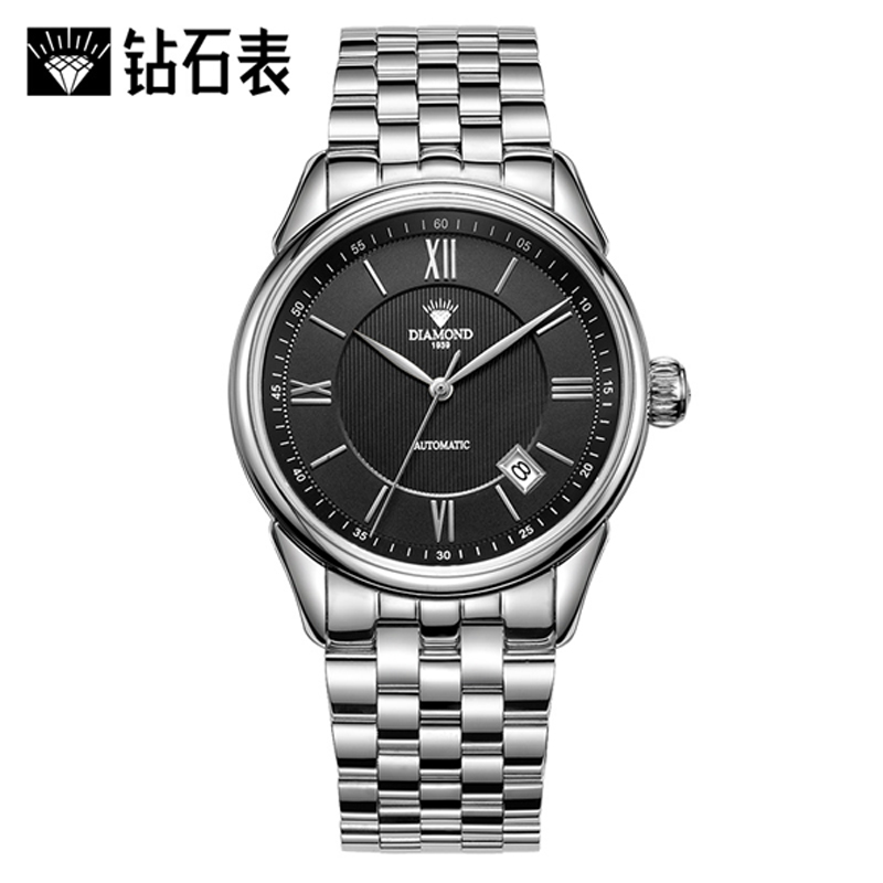 钻石牌（DIAMOND）手表男士自动机械大表盘日历精钢2101-2男士手表黑面白钢带高清大图
