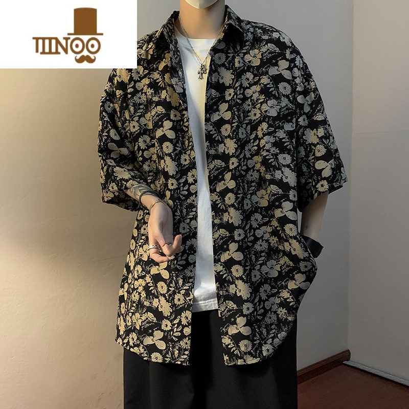 YANXU港风复古冰丝碎花衬衫男生短袖垂感痞帅潮牌宽松休闲古着衬衣外套高清大图