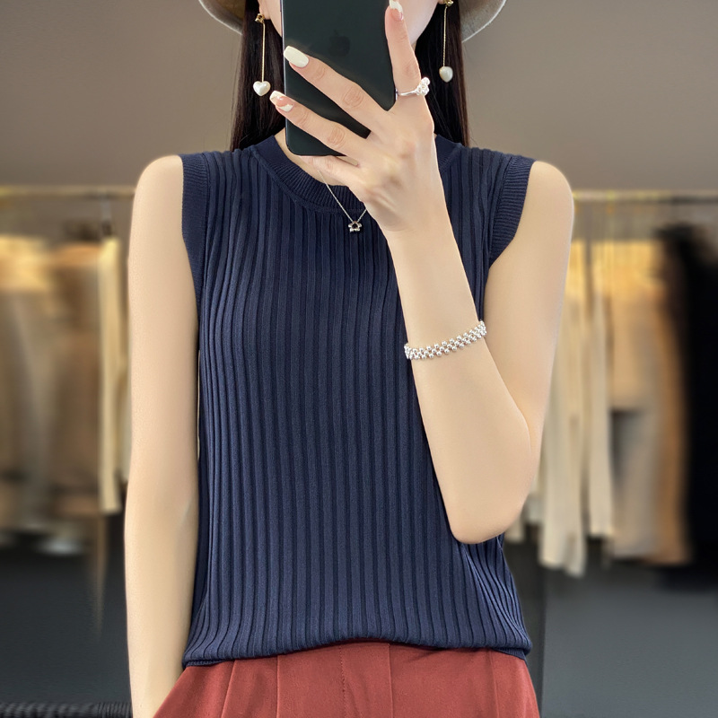 曲珠天丝短袖女春夏新款无袖打底衫女针织短袖百搭潮流圆领T恤女