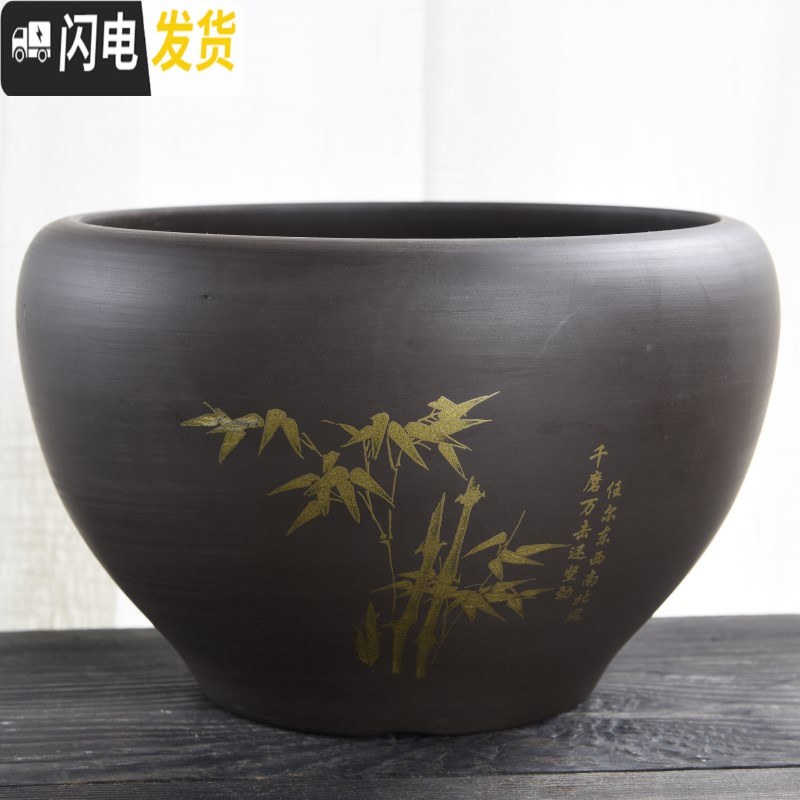 三维工匠水培荷花睡莲铜钱紫砂碗莲盆缸小金鱼无孔大号陶瓷花盆 紫砂荷花缸-山水 中等花盆容器高清大图