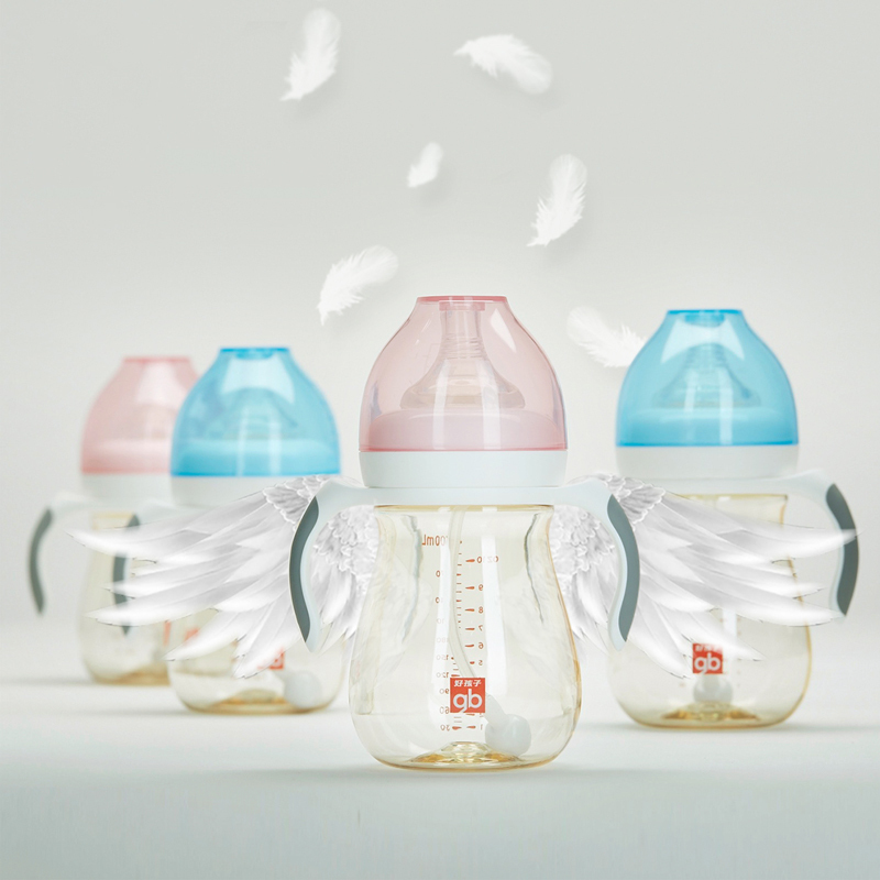 gb好孩子 母乳实感 宽口径 握把吸管 PPSU奶瓶 240ml-粉红(小饿魔系列) 十字孔奶嘴