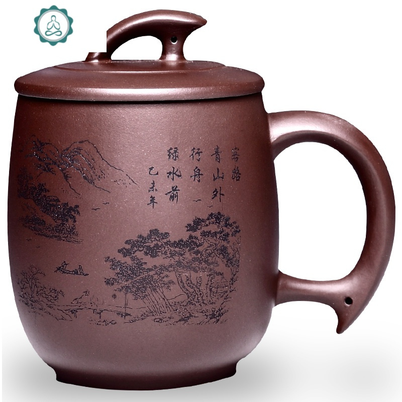 宜兴紫砂杯全手工茶杯子带把茶具办公室泡茶带盖杯紫泥刻绘将军杯封后