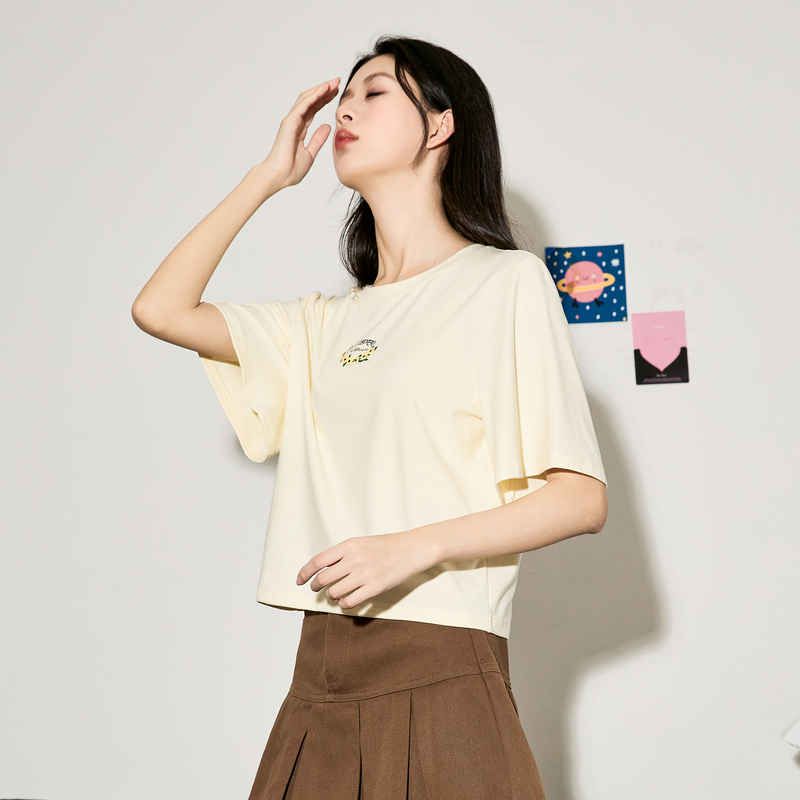 [2.5折价47元]唐狮夏季新款珍珠甜美花卉女短袖T恤超好看洋气独特别致上衣sz
