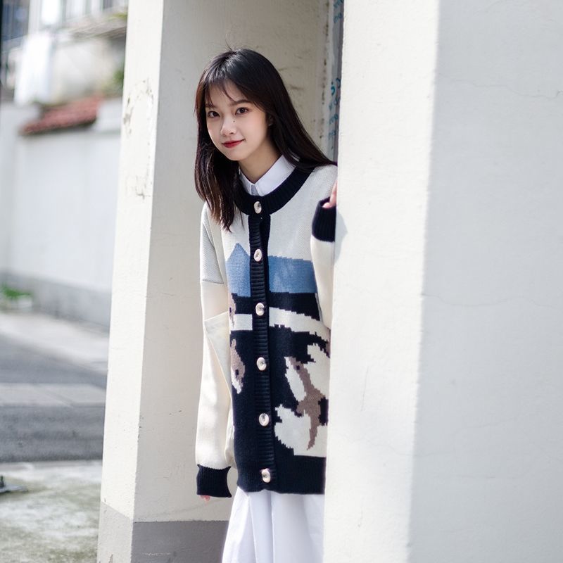 日系秋冬款针织开衫毛衣女学院风软妹百搭宽松可爱海豚v领外套