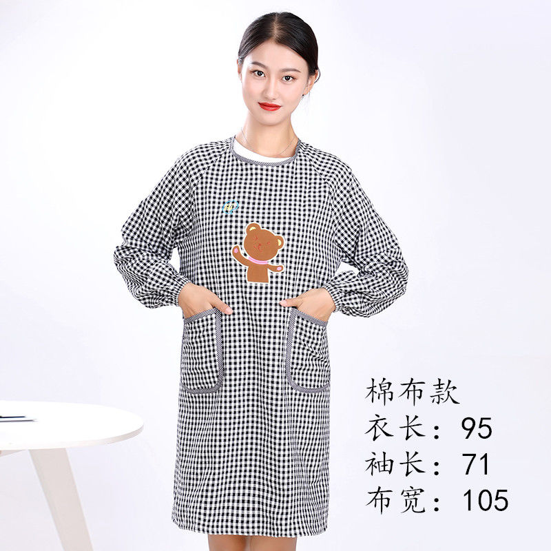 黑色小熊 厨房长袖围裙女家居做饭防水防油粗布工作服罩衣围裙男士加肥围腰