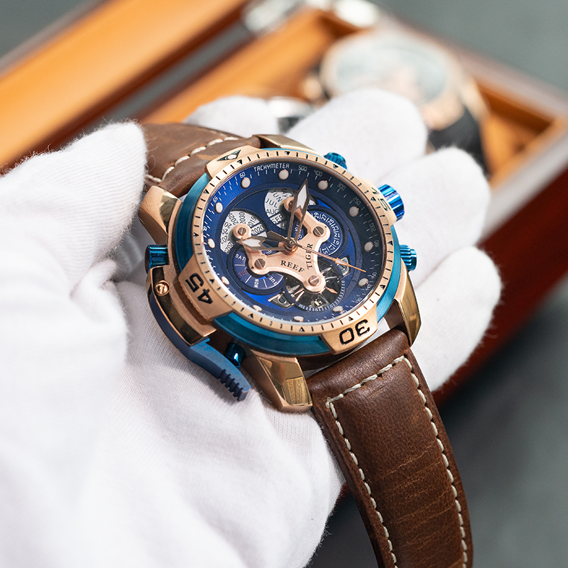 瑞夫泰格REEF RIGER时尚潮流手表多功能全自动机械表男士真皮大表盘防水军表进口机芯强夜光RGA3503高清大图