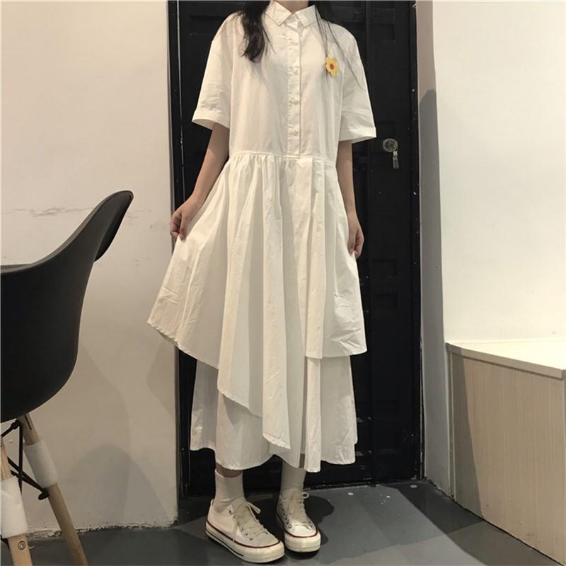 2019流行夏季韩版新款宽松丧系裙子复古厌世不规则中长款连衣裙女