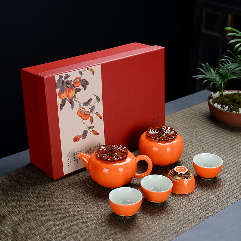 OLAYKS柿柿如意茶具茶叶罐茶壶功夫茶具家用小套中式柿事如意茶具套装柿子茶具1壶4杯高清大图
