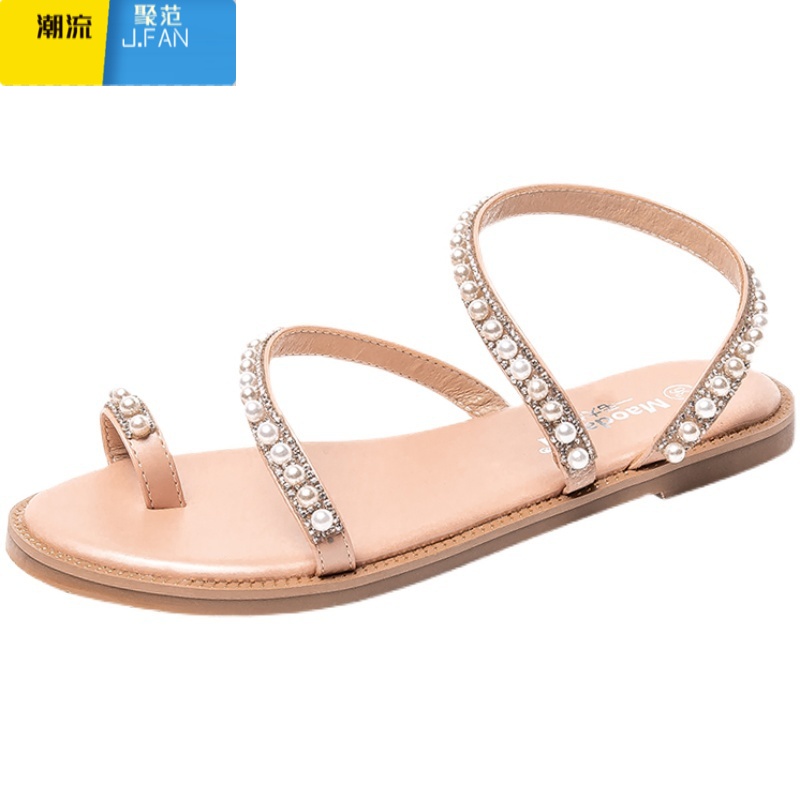 聚范凉鞋女夏平底2023新款仙女风珍珠水钻泰国软底32波西米亚33小码31高清大图