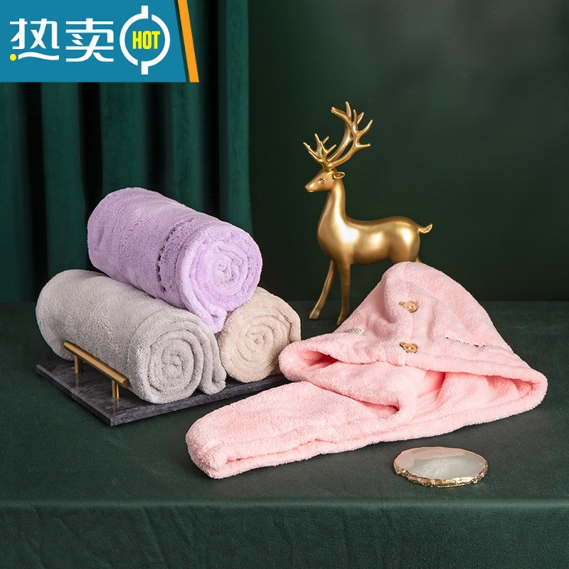 敬平珊瑚绒干发帽女家用包头发吸水速干浴帽2021网红同款可爱 [双层双扣加厚]高贵紫+优雅灰高清大图