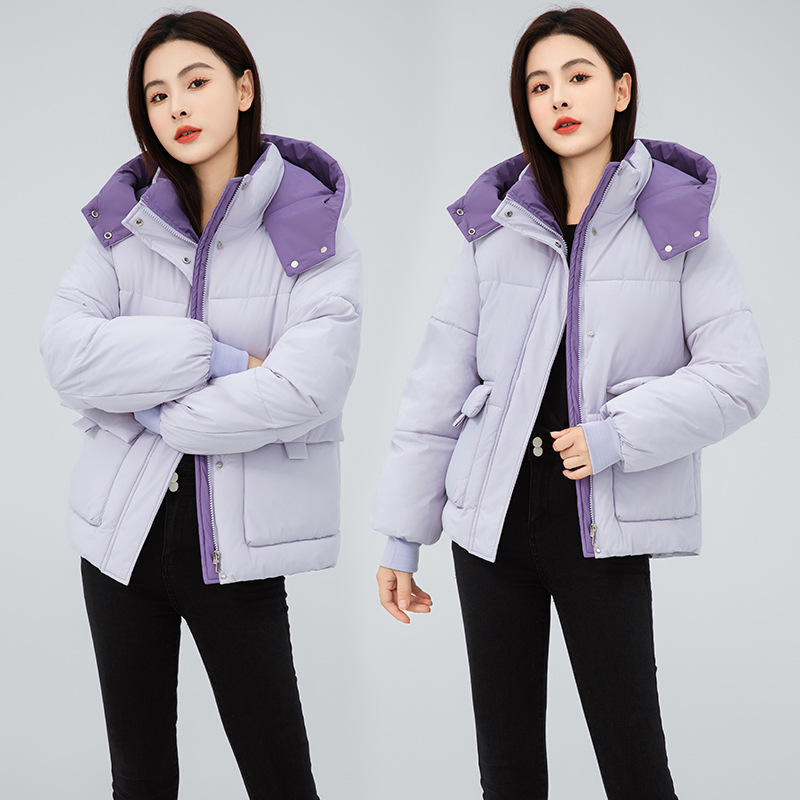 羽绒棉衣女外套2024新款连帽面包服百搭冬装韩版宽松短款时尚棉服 浅紫色 M