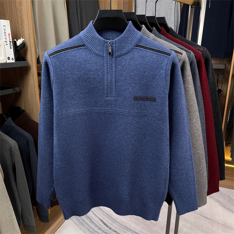 拉链款加厚毛衣男2025秋冬新款中年爸爸半高领提花针织打底衫高清大图