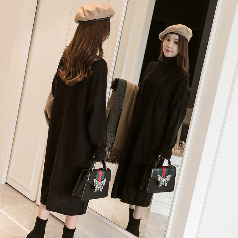 毛衣女高领黑色中长款针织连衣裙宽松韩版