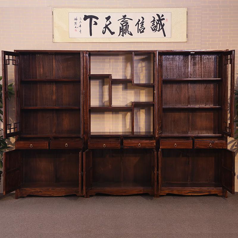 森美人仿古实木中式陈列书架书橱隔断办公室榆木书架三组合书柜古典家具高清大图