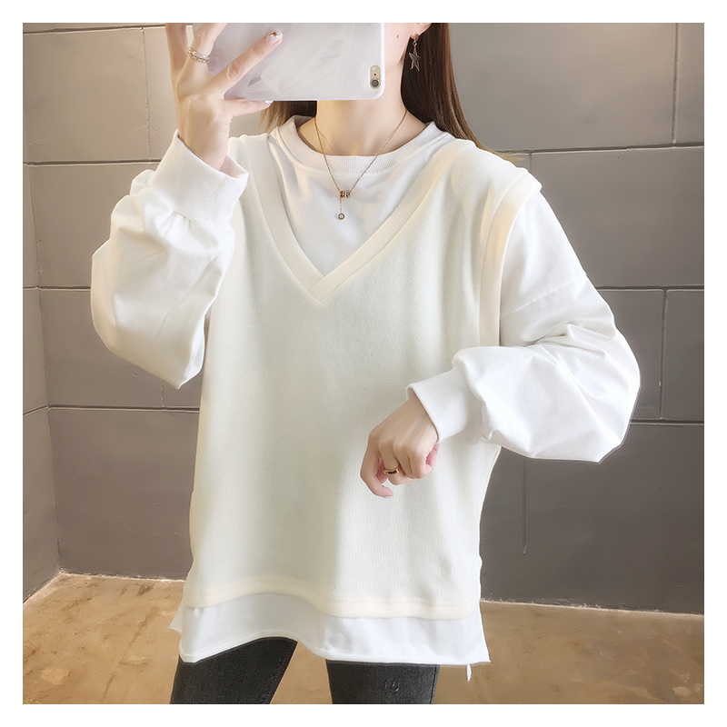 SUNTEK秋冬新款减龄假两件马甲卫衣女加大码女装上衣女200斤外套女宽松t外套短外套