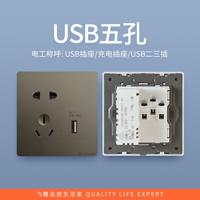 飞雕(FEIDIAO)开关插座暗装86型家用墙壁开关插座 大阪钢支架 雕琢优雅灰系列 雕琢灰五孔带一位USB高清大图