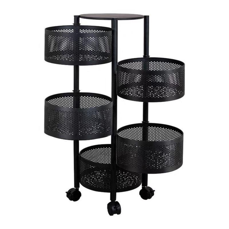 黑色一层厨房菜篮子置物架落地多层可旋转圆形蔬菜水果收纳筐多功能储