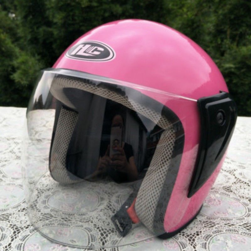 摩托车电瓶车防紫外线防晒头盔春秋冬半盔 粉色透明镜片 送透明镜片