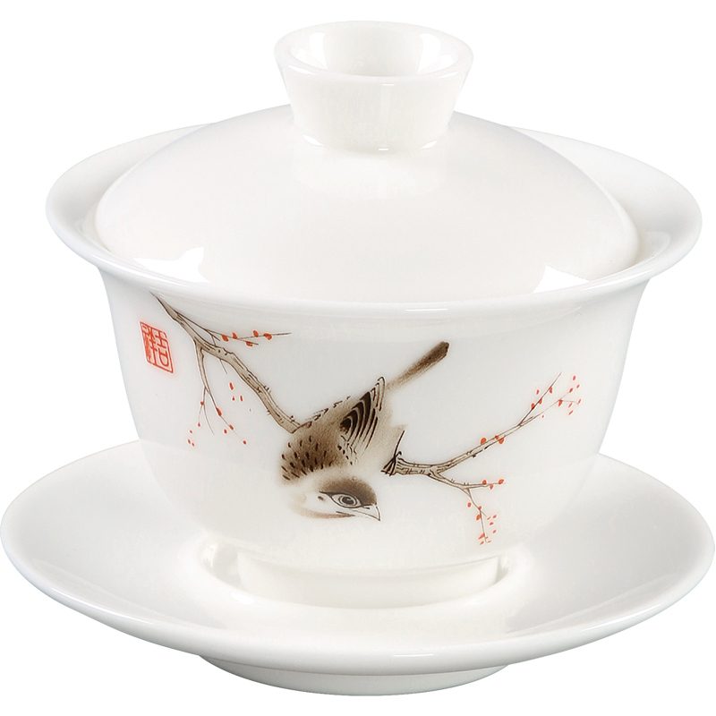 德化白瓷三才盖碗茶杯大号功夫茶具套装家用陶瓷配件敬茶碗主人杯