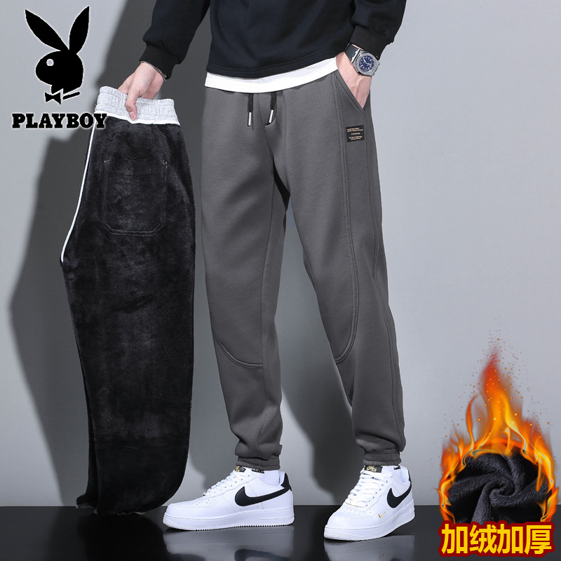 花花公子新款高品质秋冬休闲加绒卫裤男潮牌宽松运动哈伦工装裤子_487高清大图