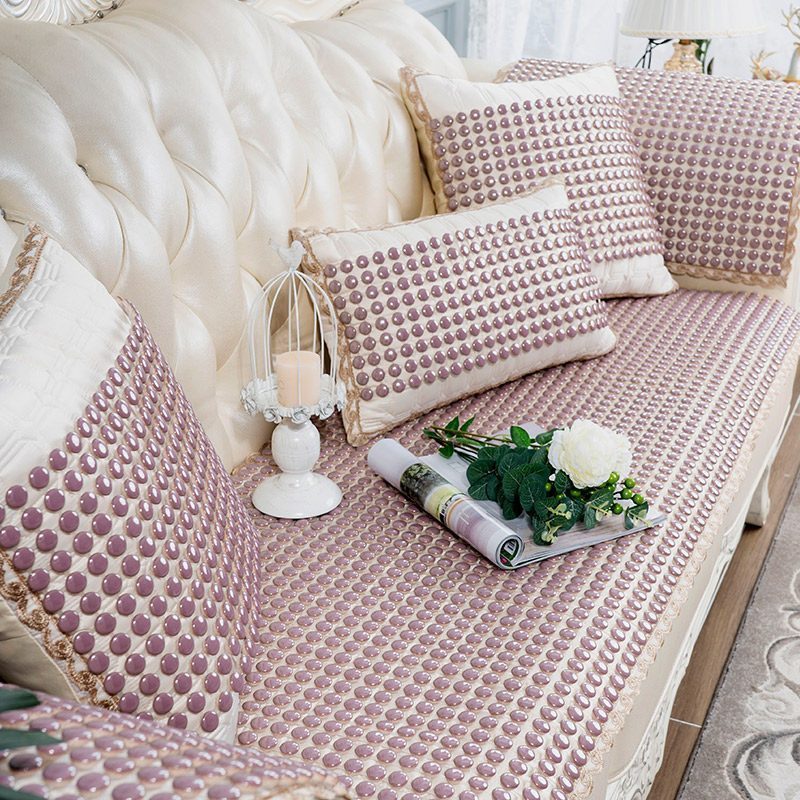 夏季陶瓷凉垫 客厅沙发凉席垫夏天款防滑欧式全包萬能套罩坐垫子 布艺+晶彩金沙红色 60*60