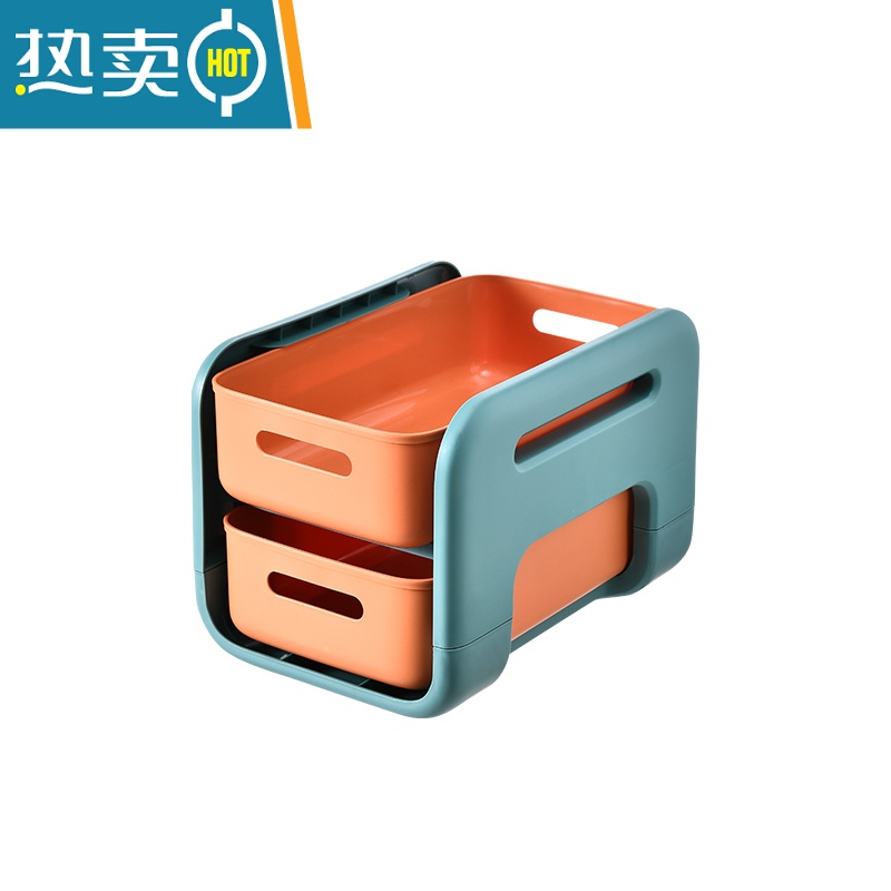 敬平收纳箱零食抽屉式收纳柜子家用塑料有轮滑可移动夹缝整理箱储物柜 撞色款墨绿撞桔色矮款2层