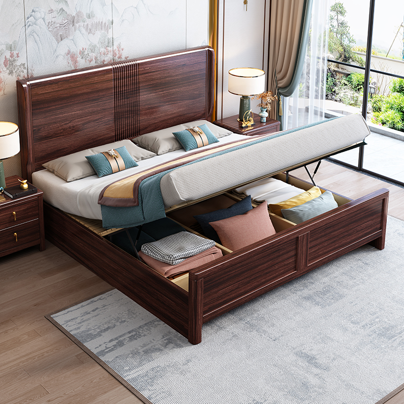 青木川 新中式实木床1.5米单人床1.8米双人床主卧室房间成人结婚处收纳储物床带抽屉高箱体简约现代酒店民宿高清大图