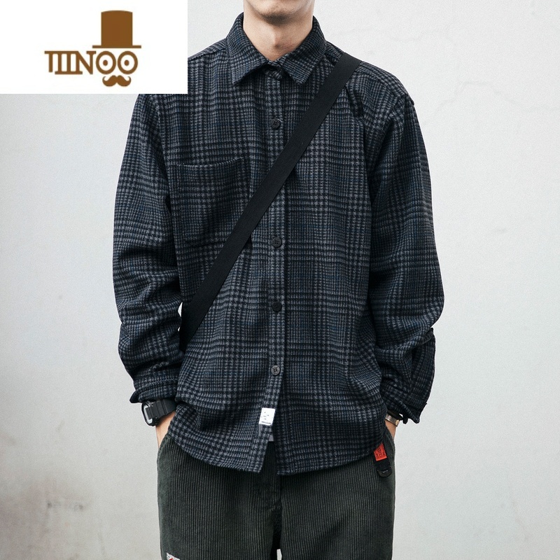 YANXU日系复古工装格子衬衫男长袖潮流宽松百搭休闲磨毛衬衣外U高清大图