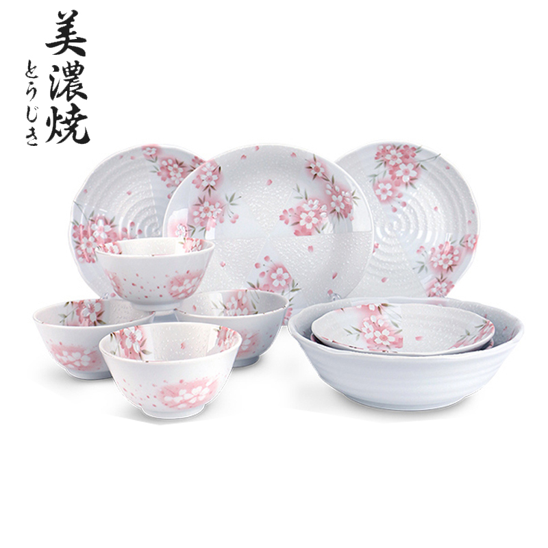 美浓烧樱花陶瓷碗碟盘子套装家用组合简约个性日式餐具12头装