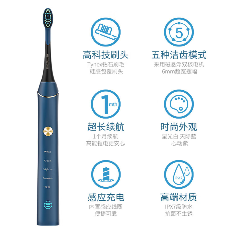 西屋(WESTINGHOUSE) WT-507 电动牙刷成人声波震动牙刷 情侣款电动牙刷 蓝高清大图