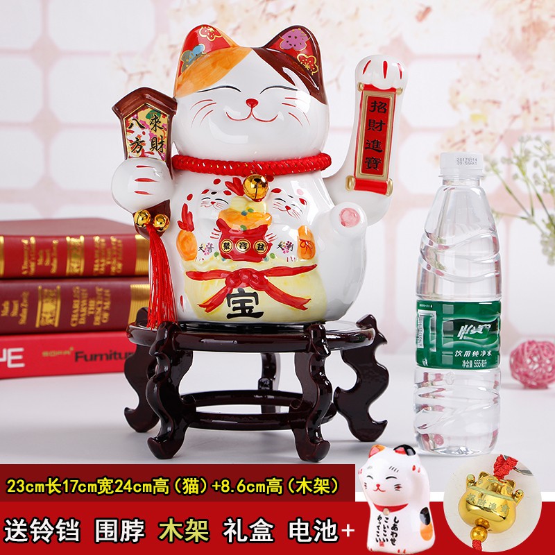 陶瓷摇手电动猫摆件 电池大号猫 发财猫店铺开业礼品 三维工匠 13寸656金运木架款_725_4_118_663_135