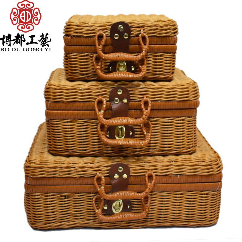 仿藤田园复古胶藤编手提箱收纳箱野餐篮储物箱拍摄道具伴手礼箱 三维工匠