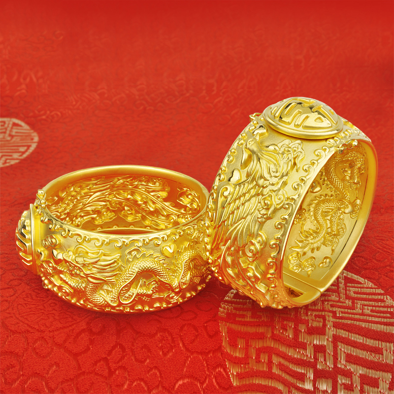 佐喜佑福[一对]足金999龙凤双喜结婚手镯女士黄金镯子一对婚庆送礼品 金重约48.85-50g CLCYYF1020YD