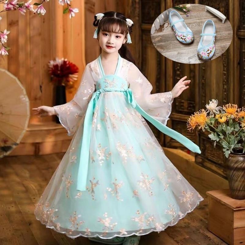 儿童汉服女童春夏超仙连衣裙古装衣服中国风儿童套装女古代仙女裙绿色