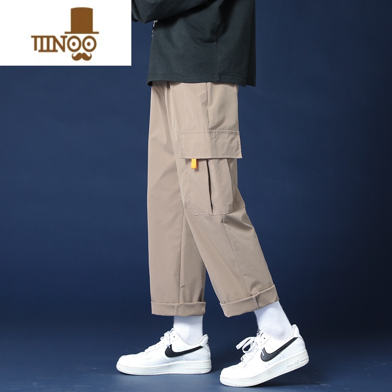 YANXU卡其工装男裤薄款潮牌宽松直筒裤男生潮流百搭休闲运动九分裤高清大图