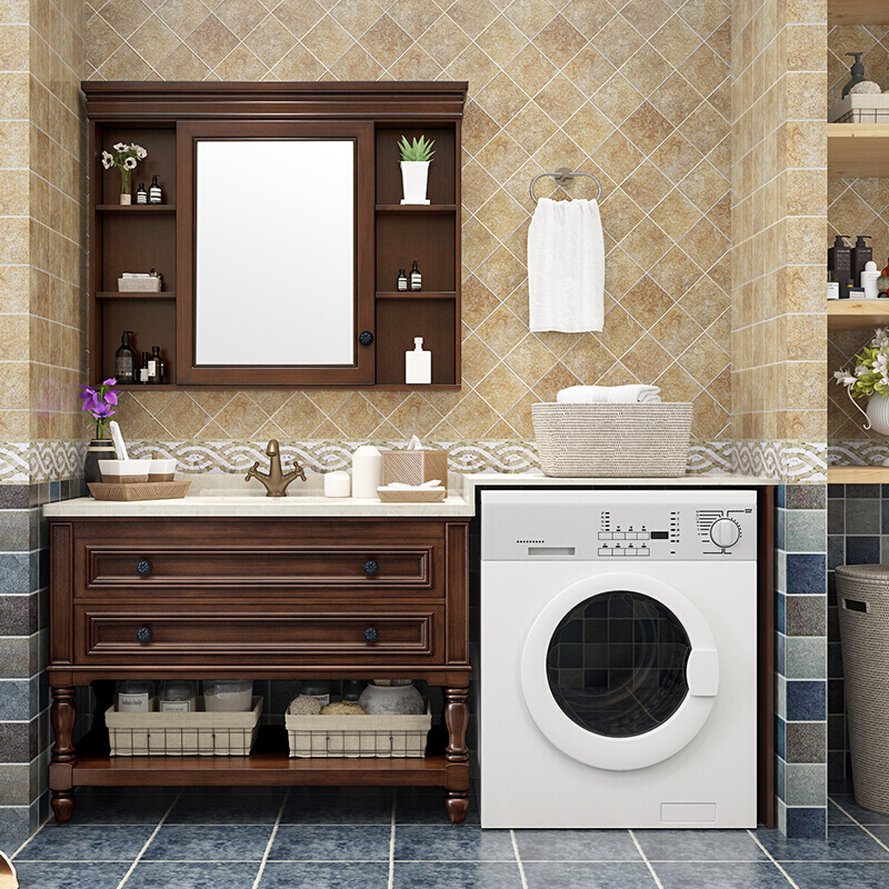 美式实木滚筒洗衣机浴室柜落地式洗衣池洗脸盆一体 组合卫生间柜安心