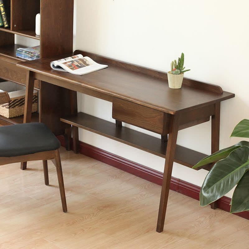 无印风格小户型环保纯全实木电脑学习桌子带书架北欧日式简约书桌图片