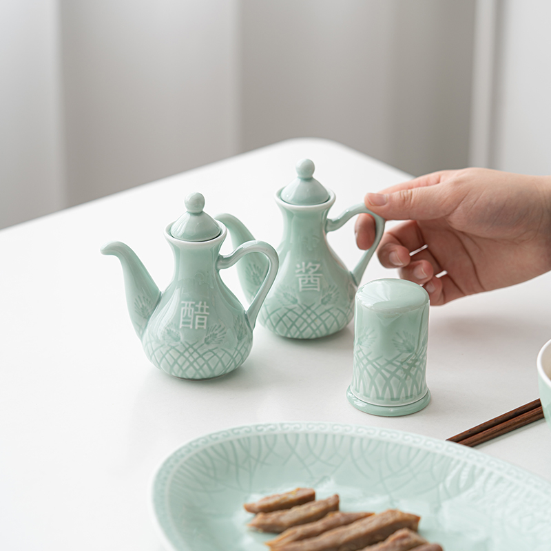 苏氏陶瓷(SUSHI CERAMICS)青瓷餐具套装浅绿釉五谷丰登陶瓷碗盘56头中餐具礼盒